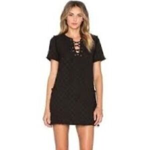 .O.A. Los Angeles Black Tweed Frayed Hem Lace-Up Mini Shift Dress - Size S